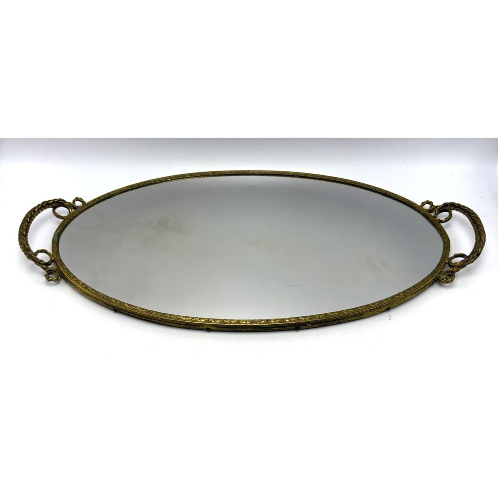 Vintage Filigree Gilded Metal Oval Mirror Dresser Vanity Tray Ornate Handles 15"